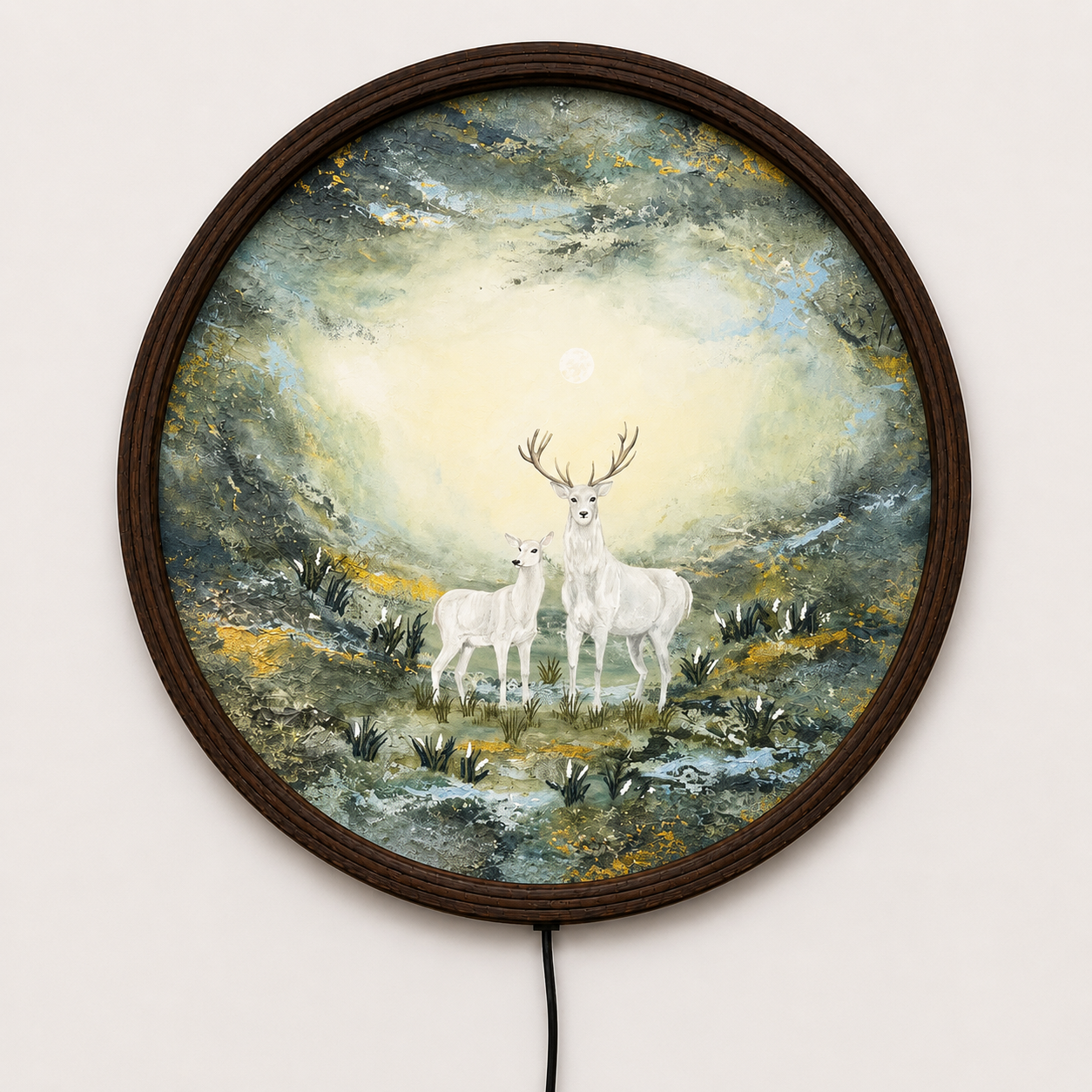 LED Backlit White Deer Forest Wall Art – Round Illuminated Nature Canvas Decor with Wooden Frame