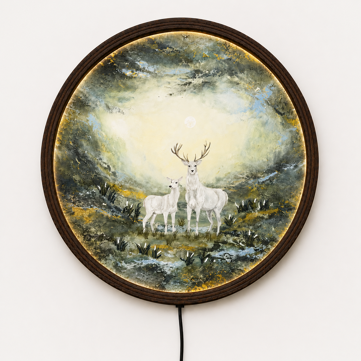 LED Backlit White Deer Forest Wall Art – Round Illuminated Nature Canvas Decor with Wooden Frame