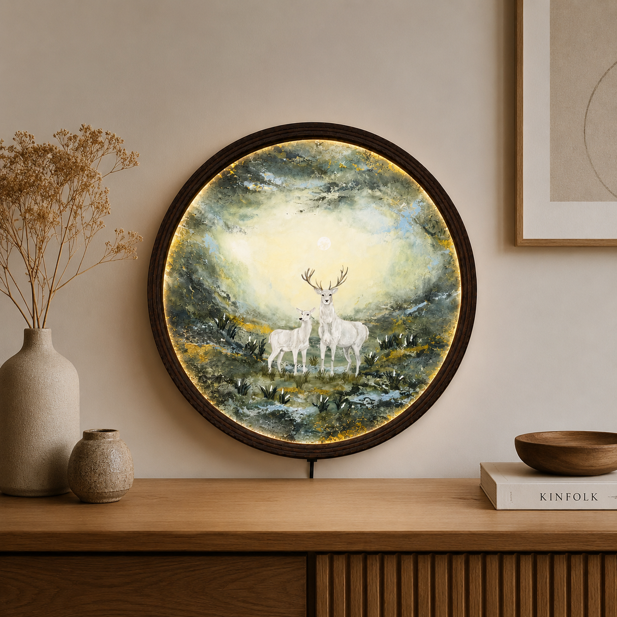 LED Backlit White Deer Forest Wall Art – Round Illuminated Nature Canvas Decor with Wooden Frame