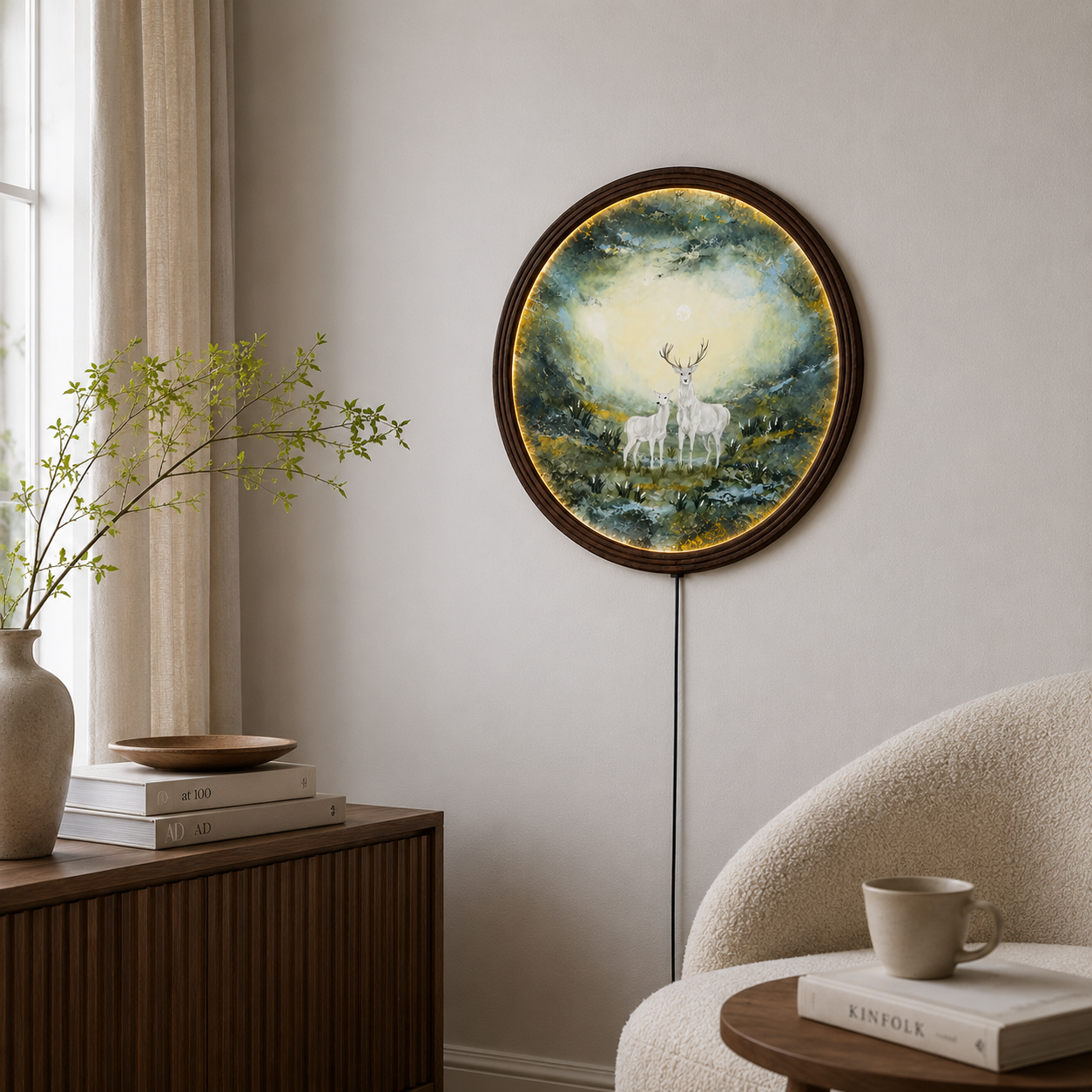 LED Backlit White Deer Forest Wall Art – Round Illuminated Nature Canvas Decor with Wooden Frame