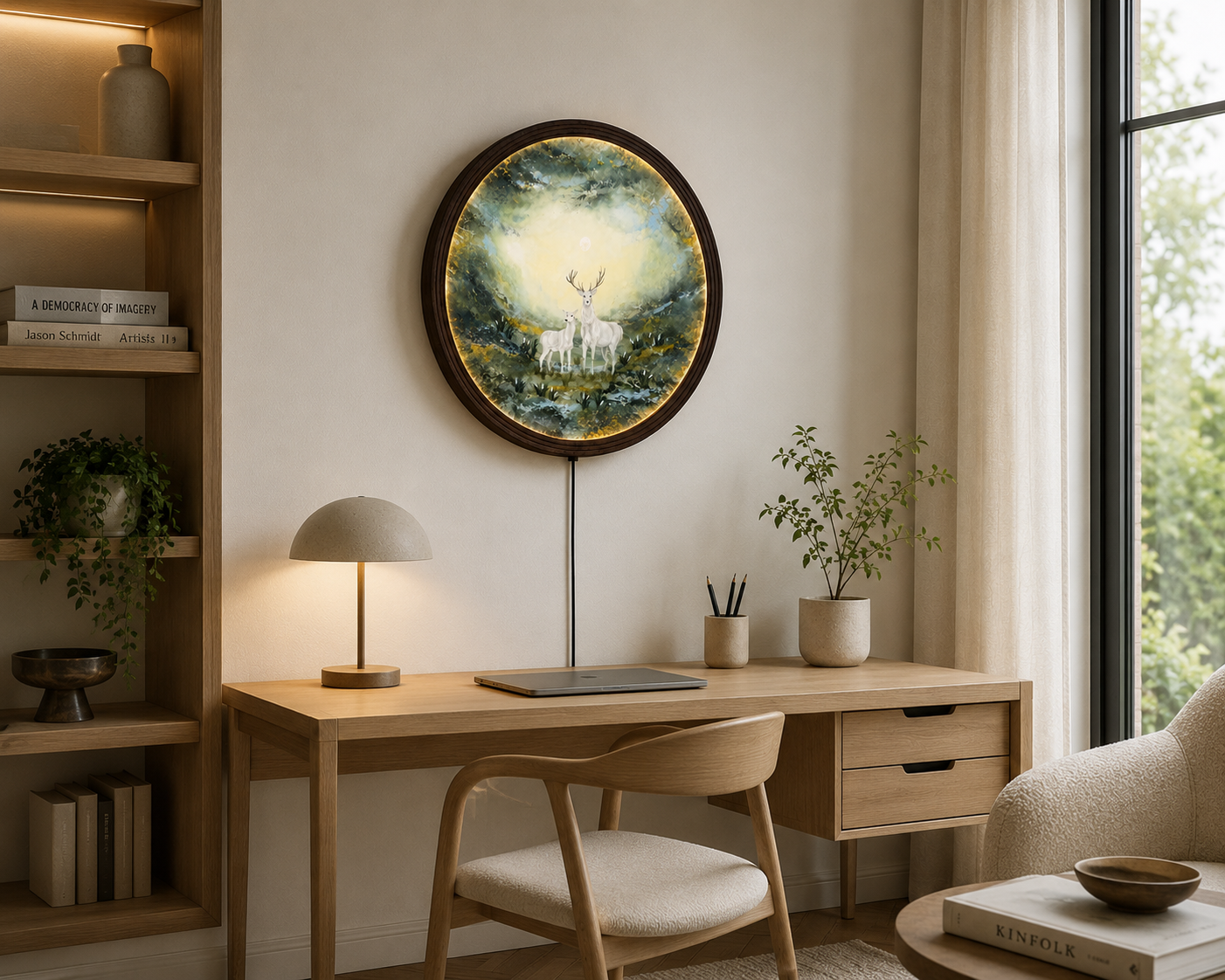 LED Backlit White Deer Forest Wall Art – Round Illuminated Nature Canvas Decor with Wooden Frame