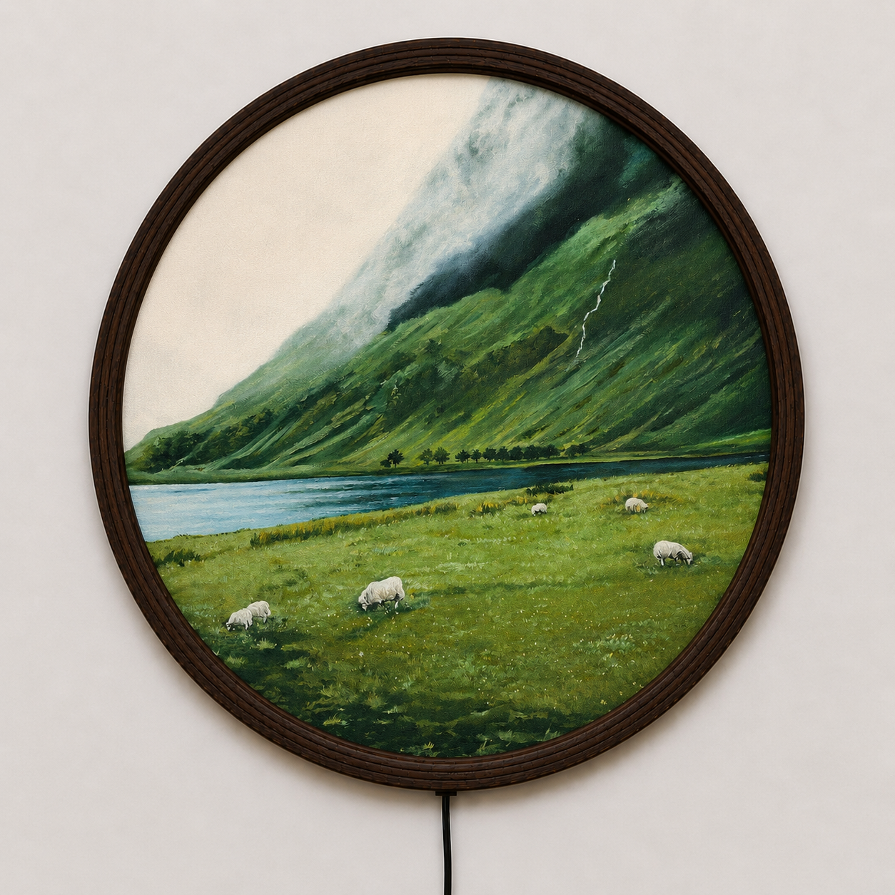 Round LED Mountain Landscape Wall Art – Premium Wooden Frame Nature Home Decor
