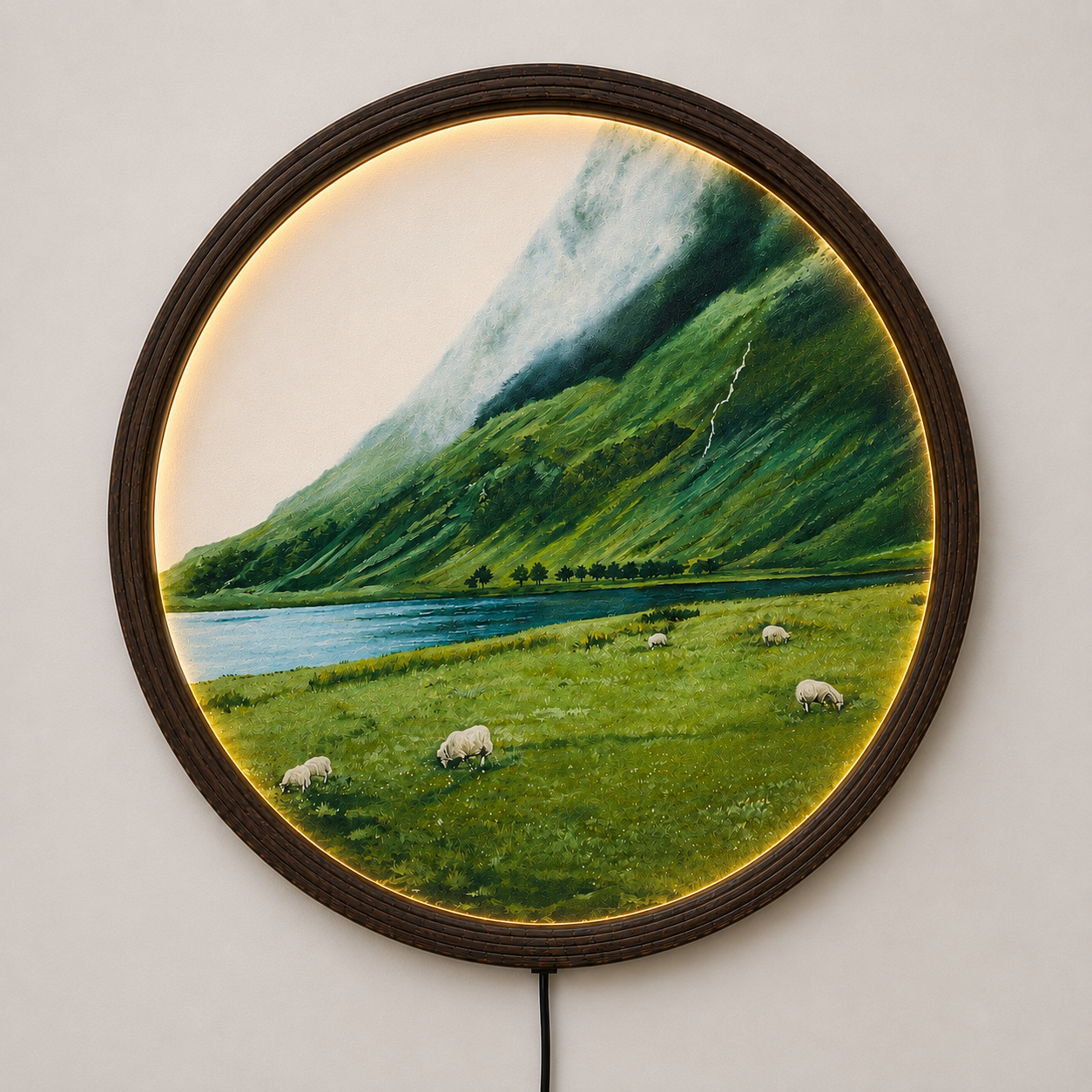 Round LED Mountain Landscape Wall Art – Premium Wooden Frame Nature Home Decor