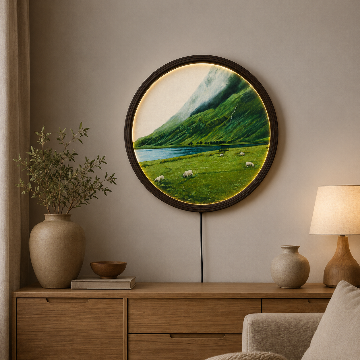 Round LED Mountain Landscape Wall Art – Premium Wooden Frame Nature Home Decor