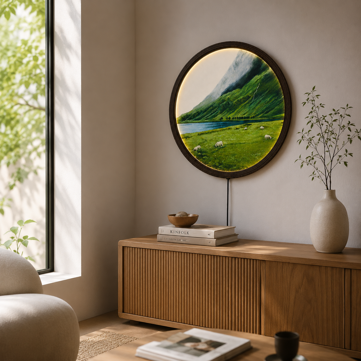 Round LED Mountain Landscape Wall Art – Premium Wooden Frame Nature Home Decor