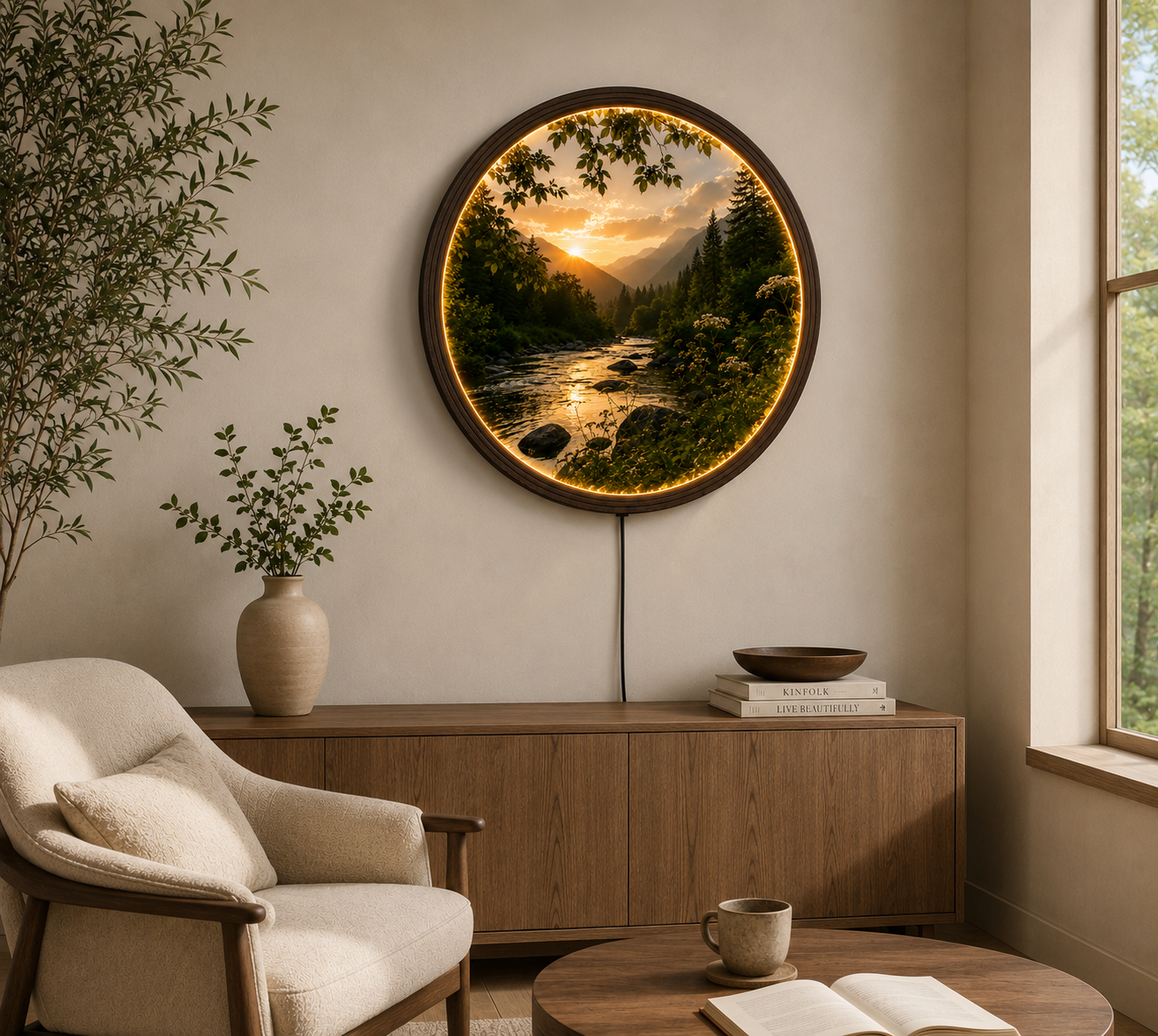 Sunset Mountain River LED Wall Art – Round Nature Landscape Lighted Home Decor