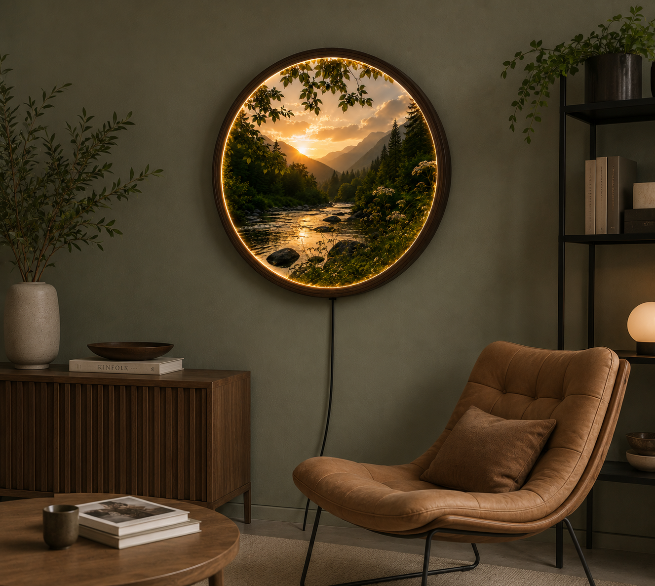Sunset Mountain River LED Wall Art – Round Nature Landscape Lighted Home Decor