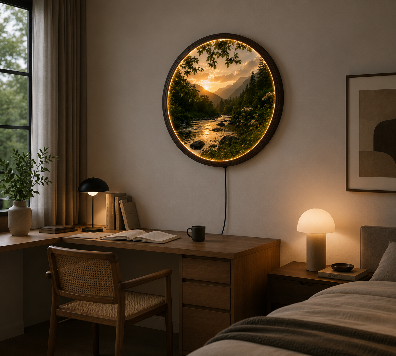 Sunset Mountain River LED Wall Art – Round Nature Landscape Lighted Home Decor