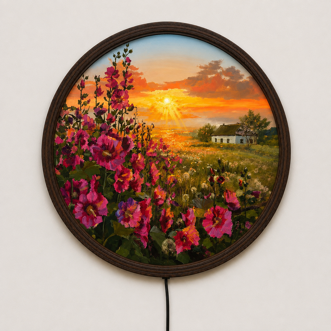 Sunset Wildflower LED Round Wall Art – Rustic Wooden Frame Home Decor
