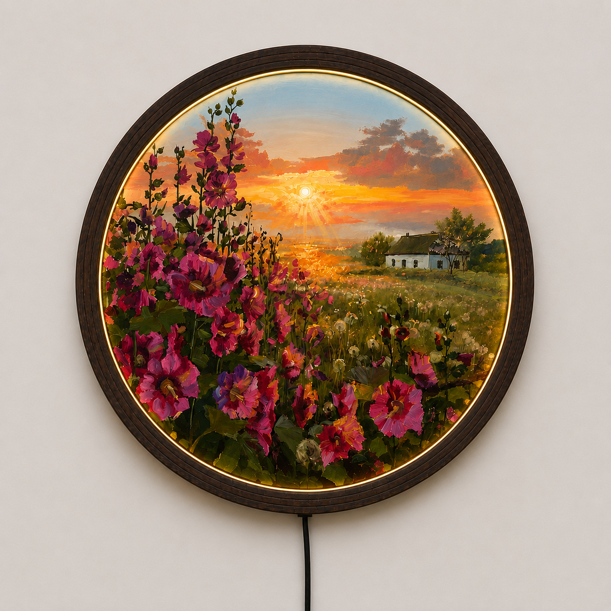 Sunset Wildflower LED Round Wall Art – Rustic Wooden Frame Home Decor