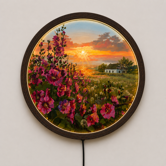 Sunset Wildflower LED Round Wall Art – Rustic Wooden Frame Home Decor