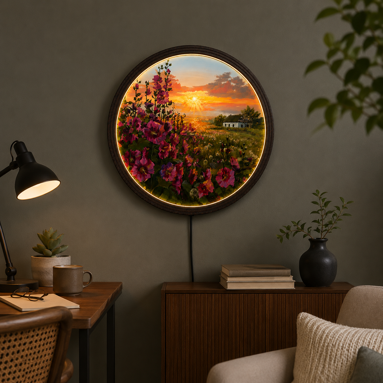 Sunset Wildflower LED Round Wall Art – Rustic Wooden Frame Home Decor