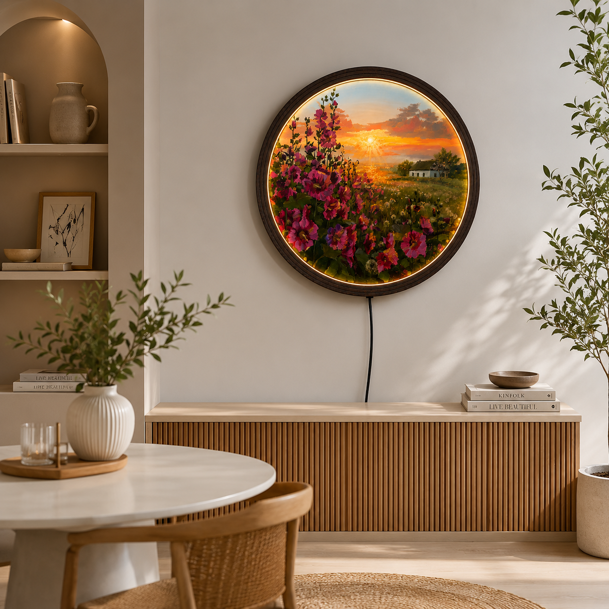 Sunset Wildflower LED Round Wall Art – Rustic Wooden Frame Home Decor