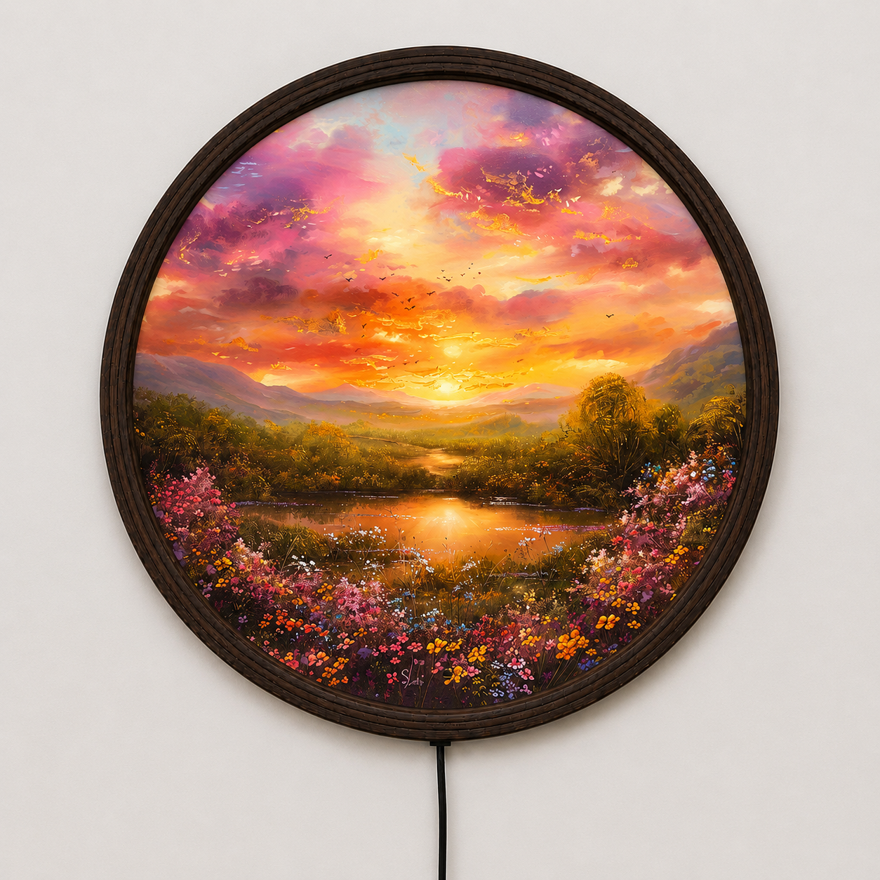 Sunset Landscape Round LED Wall Art – Modern Illuminated Home Decor