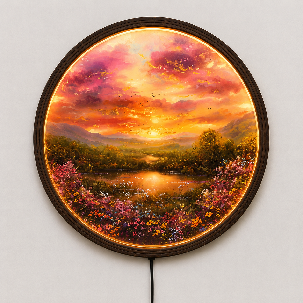 Sunset Landscape Round LED Wall Art – Modern Illuminated Home Decor