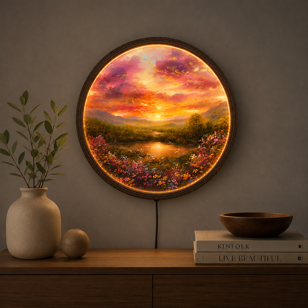Sunset Landscape Round LED Wall Art – Modern Illuminated Home Decor