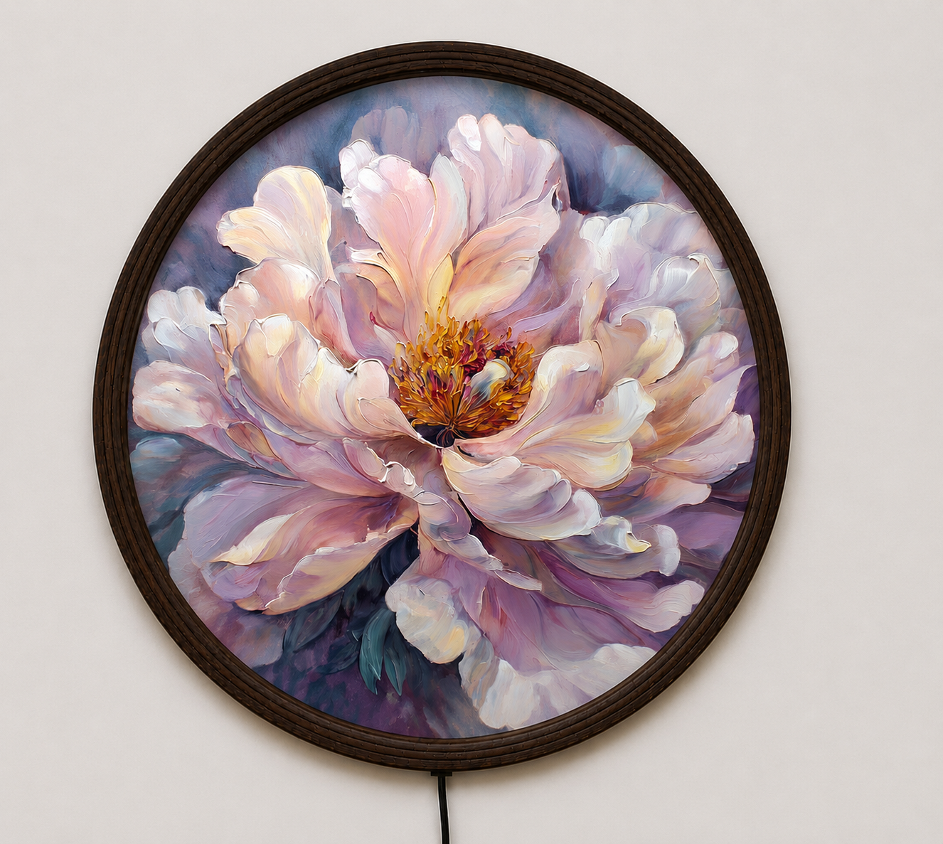 Luxury LED Peony Flower Round Wall Art – Illuminated Floral Canvas Wall Decor for Living Room & Bedroom