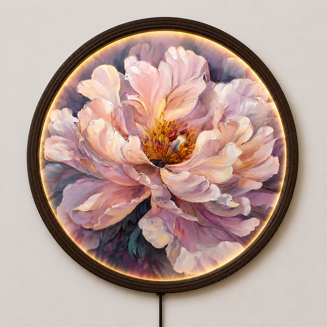 Luxury LED Peony Flower Round Wall Art – Illuminated Floral Canvas Wall Decor for Living Room & Bedroom