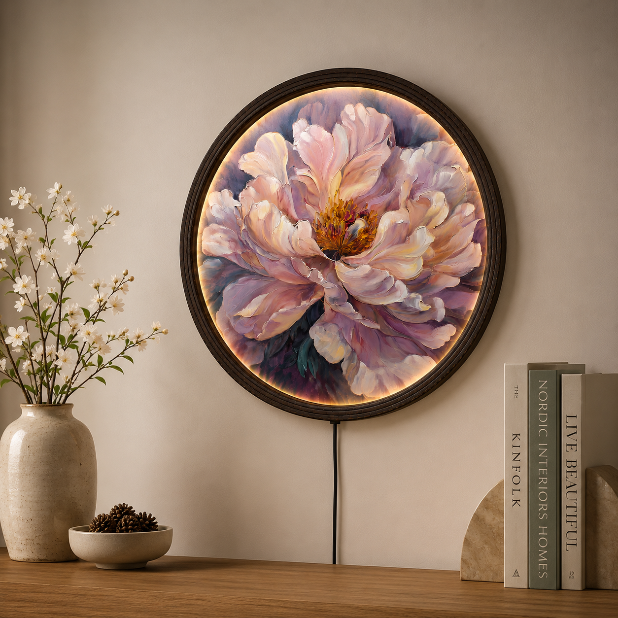 Luxury LED Peony Flower Round Wall Art – Illuminated Floral Canvas Wall Decor for Living Room & Bedroom