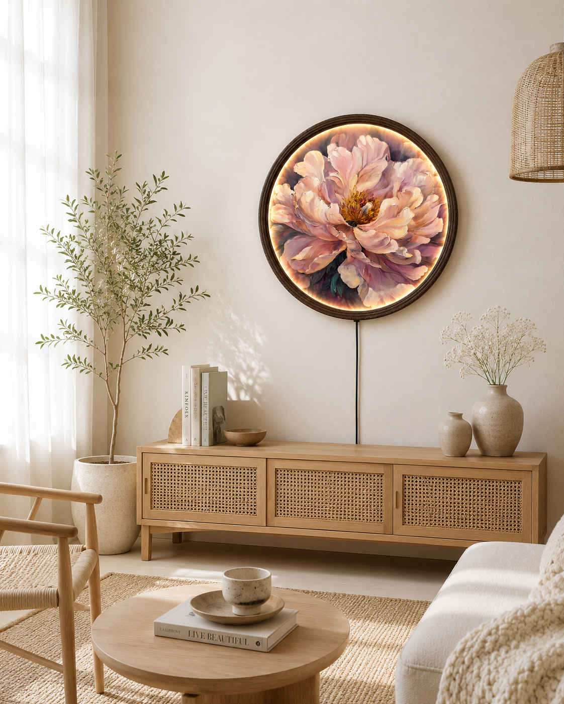 Luxury LED Peony Flower Round Wall Art – Illuminated Floral Canvas Wall Decor for Living Room & Bedroom