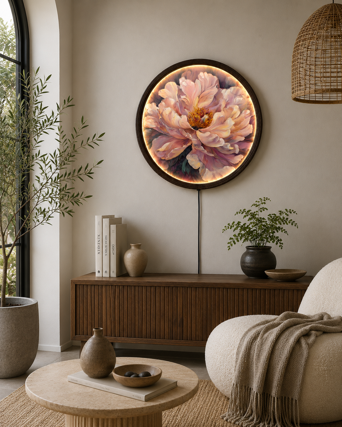 Luxury LED Peony Flower Round Wall Art – Illuminated Floral Canvas Wall Decor for Living Room & Bedroom