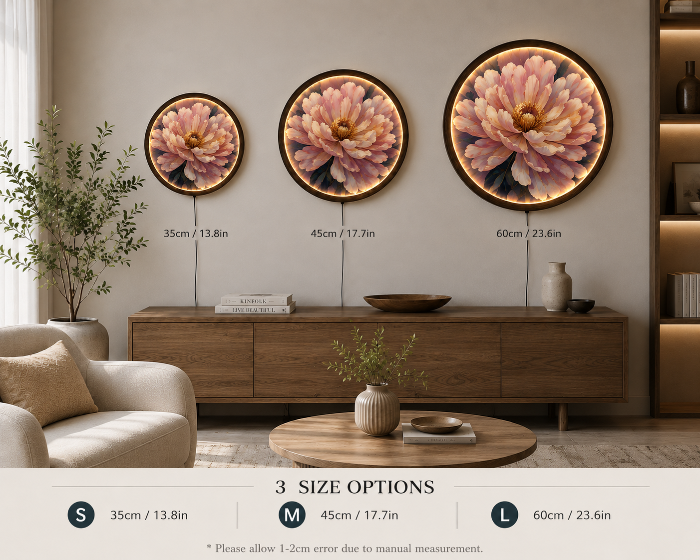 Luxury LED Peony Flower Round Wall Art – Illuminated Floral Canvas Wall Decor for Living Room & Bedroom