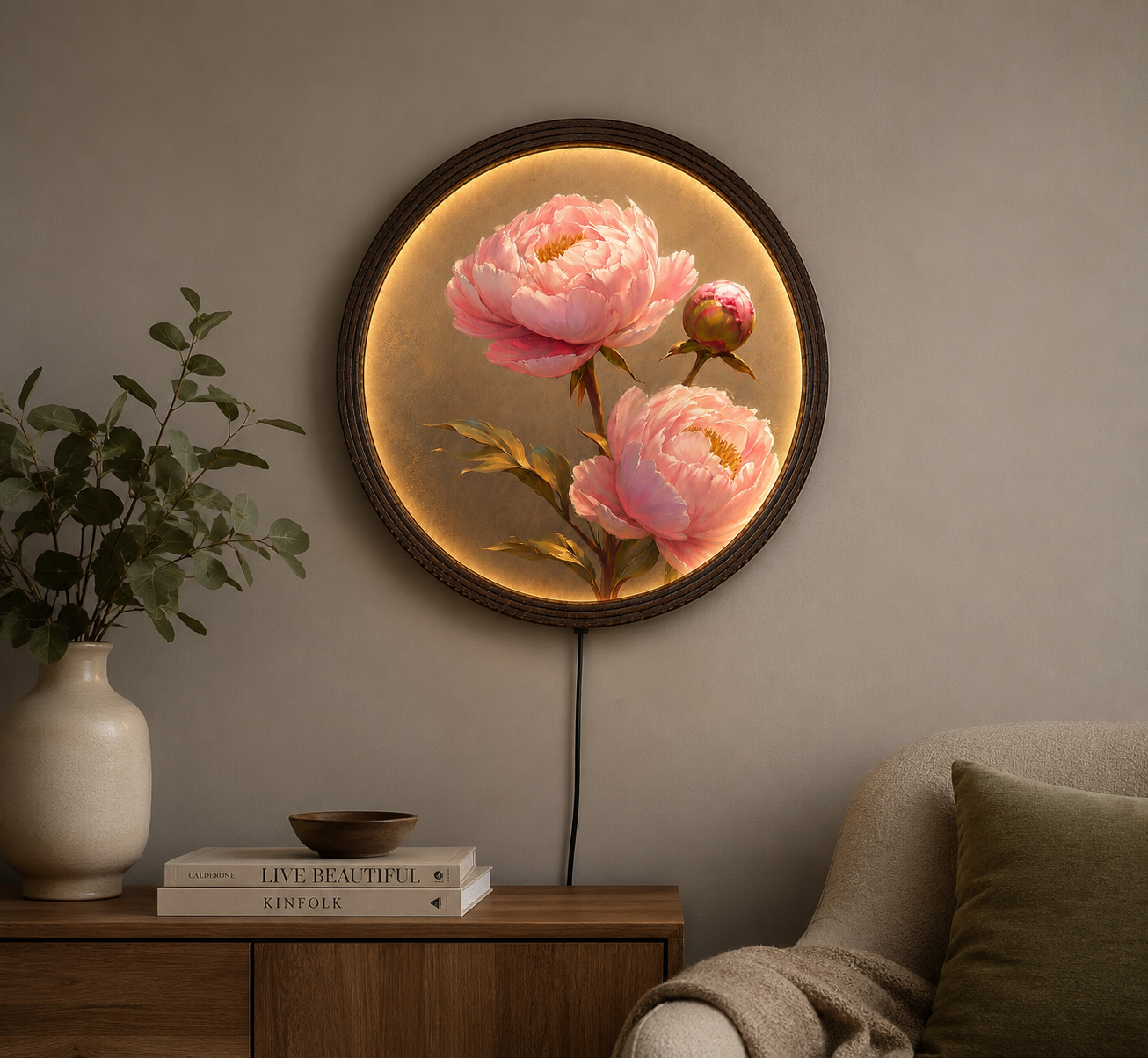 Round LED Peony Wall Art | Elegant Floral Home Decor