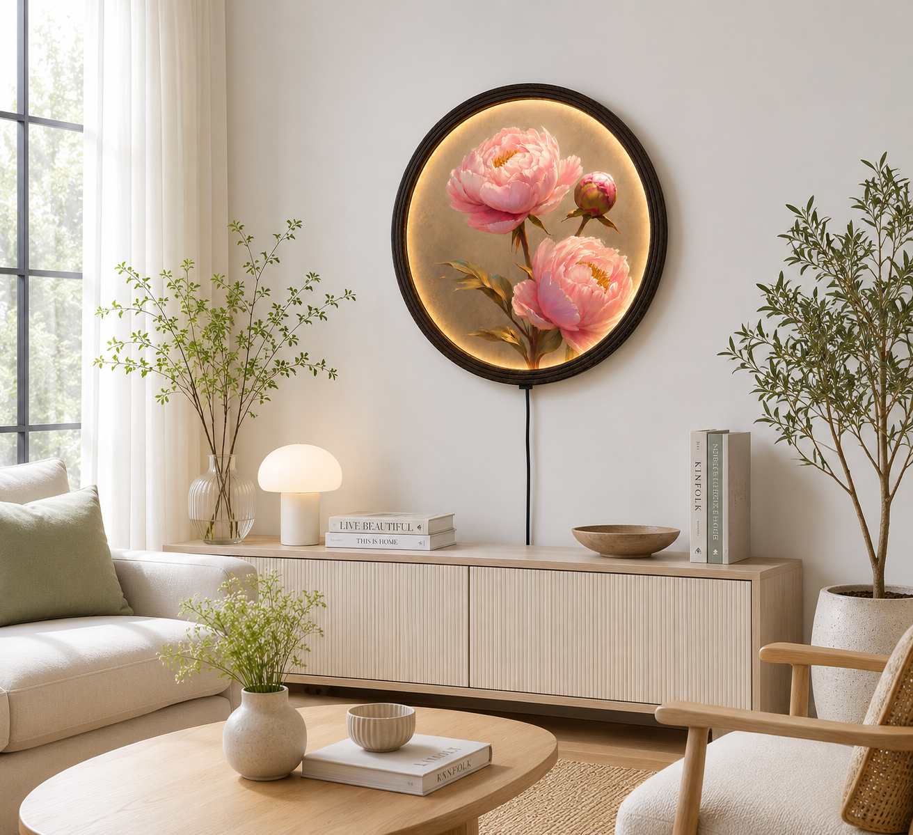 Round LED Peony Wall Art | Elegant Floral Home Decor