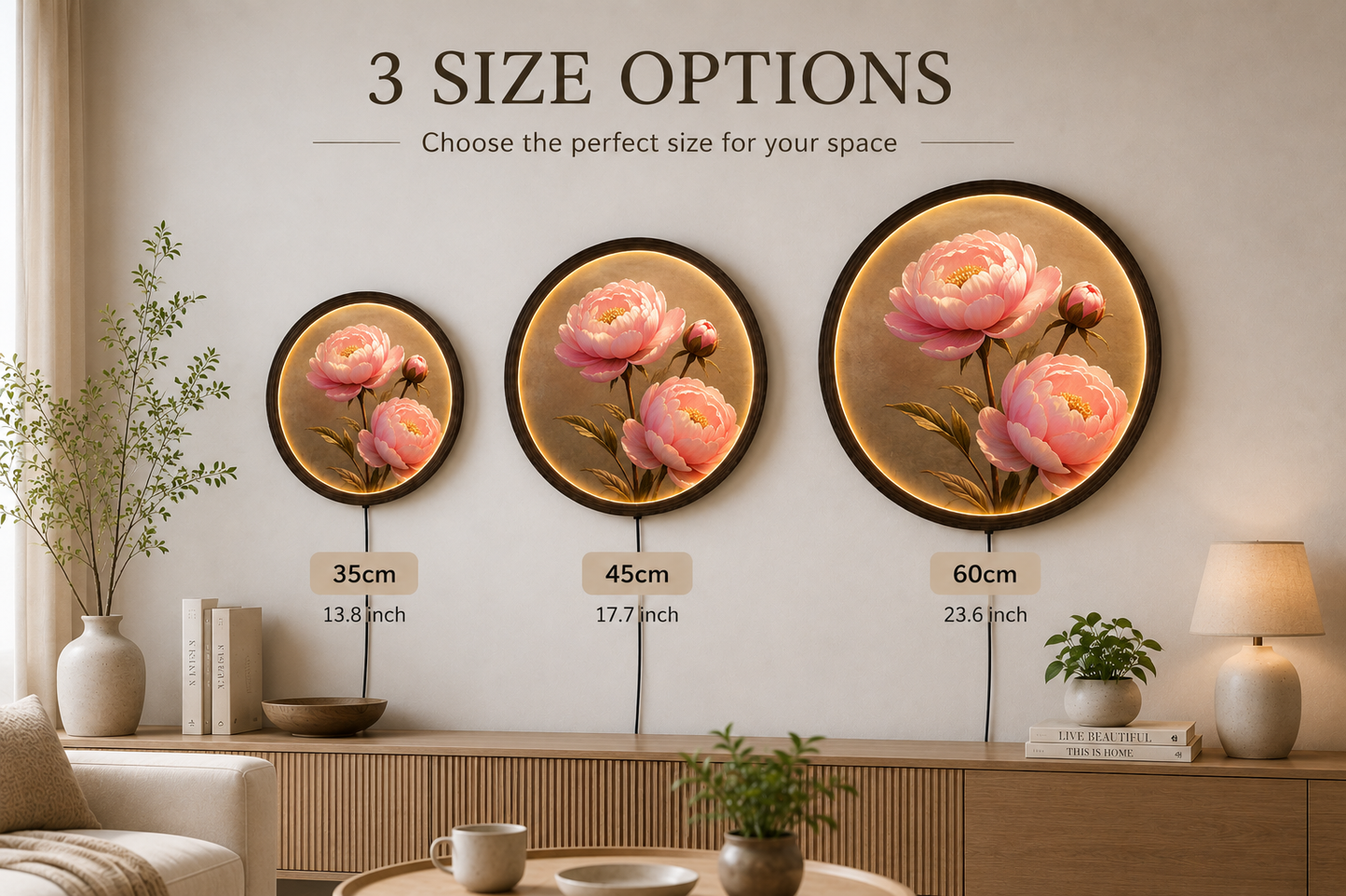 Round LED Peony Wall Art | Elegant Floral Home Decor