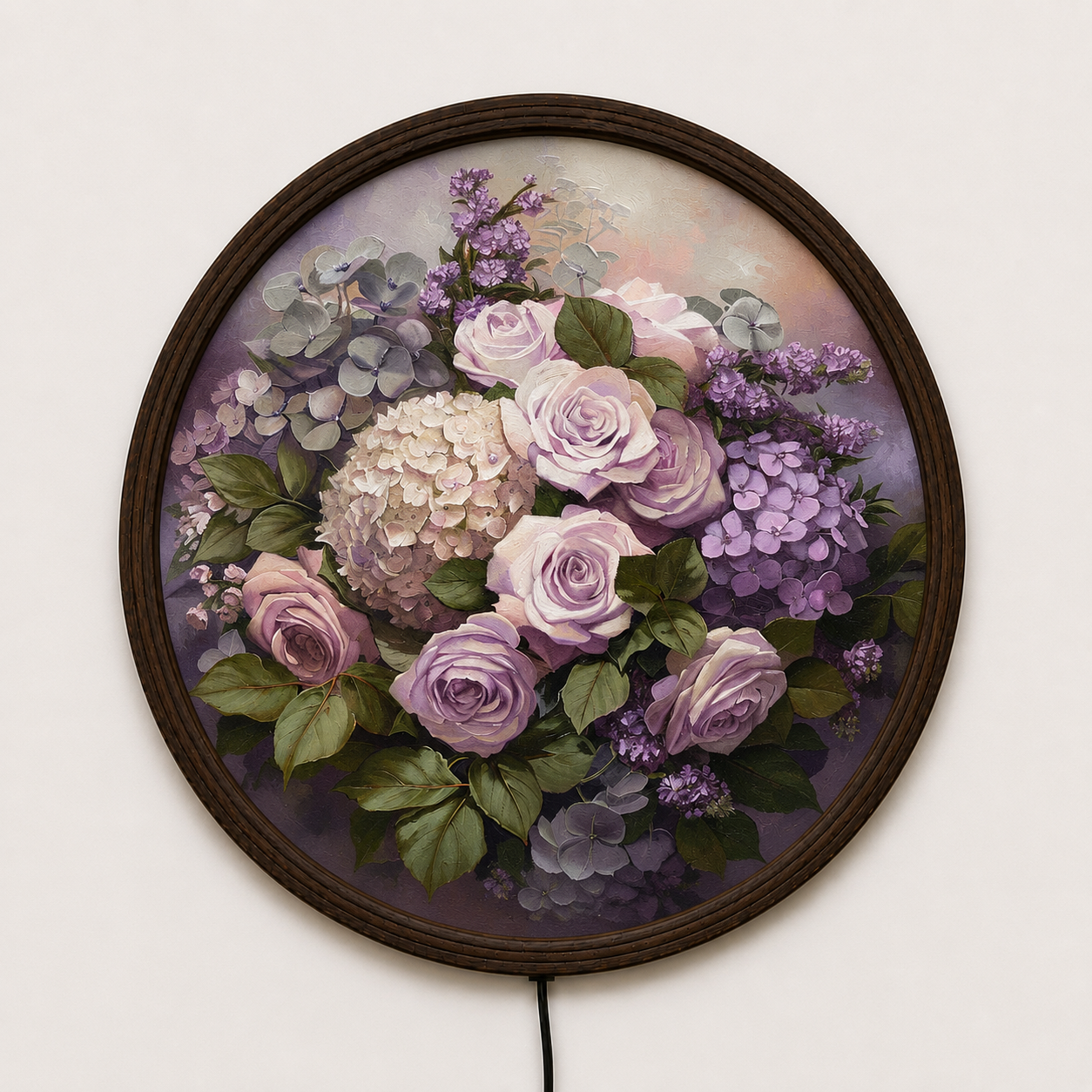 Round LED Floral Wall Art – Purple Rose & Hydrangea Lighted Home Decor