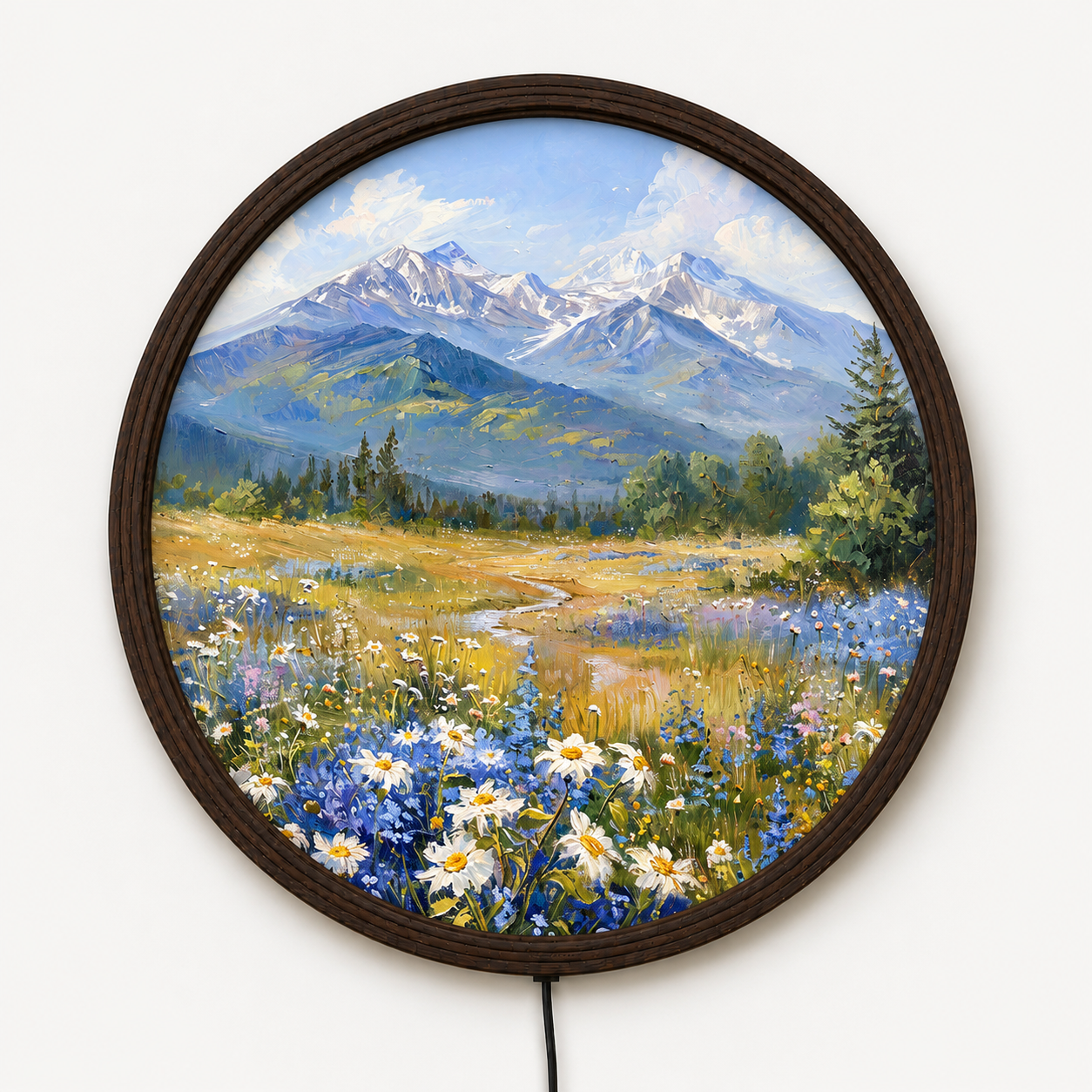 LED Mountain Meadow Round Wall Art – Modern Nature Home Decor