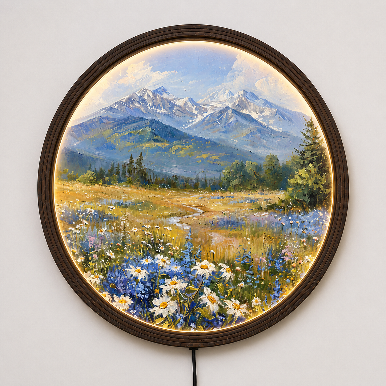 LED Mountain Meadow Round Wall Art – Modern Nature Home Decor