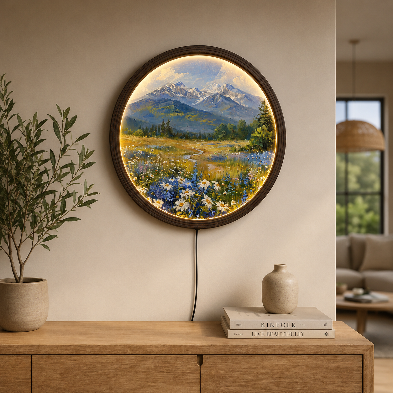 LED Mountain Meadow Round Wall Art – Modern Nature Home Decor
