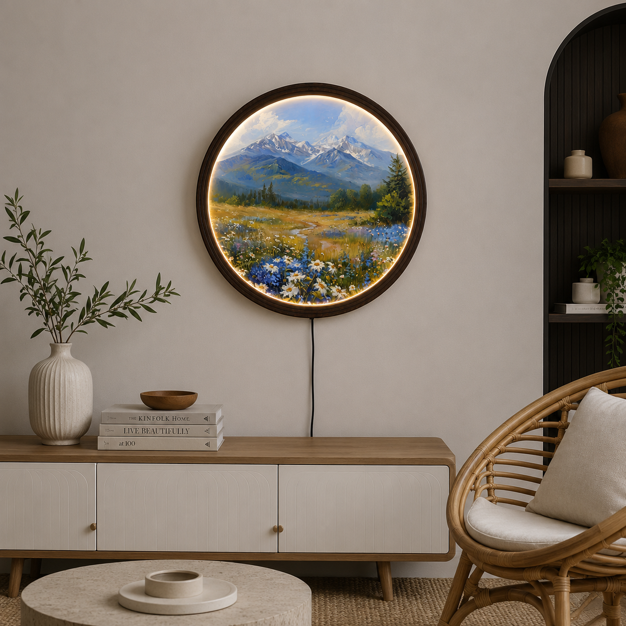 LED Mountain Meadow Round Wall Art – Modern Nature Home Decor