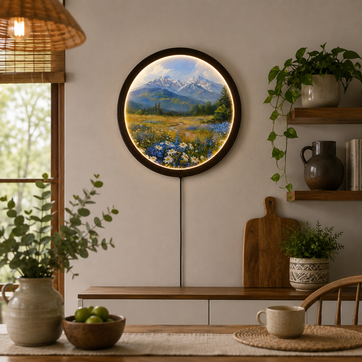 LED Mountain Meadow Round Wall Art – Modern Nature Home Decor