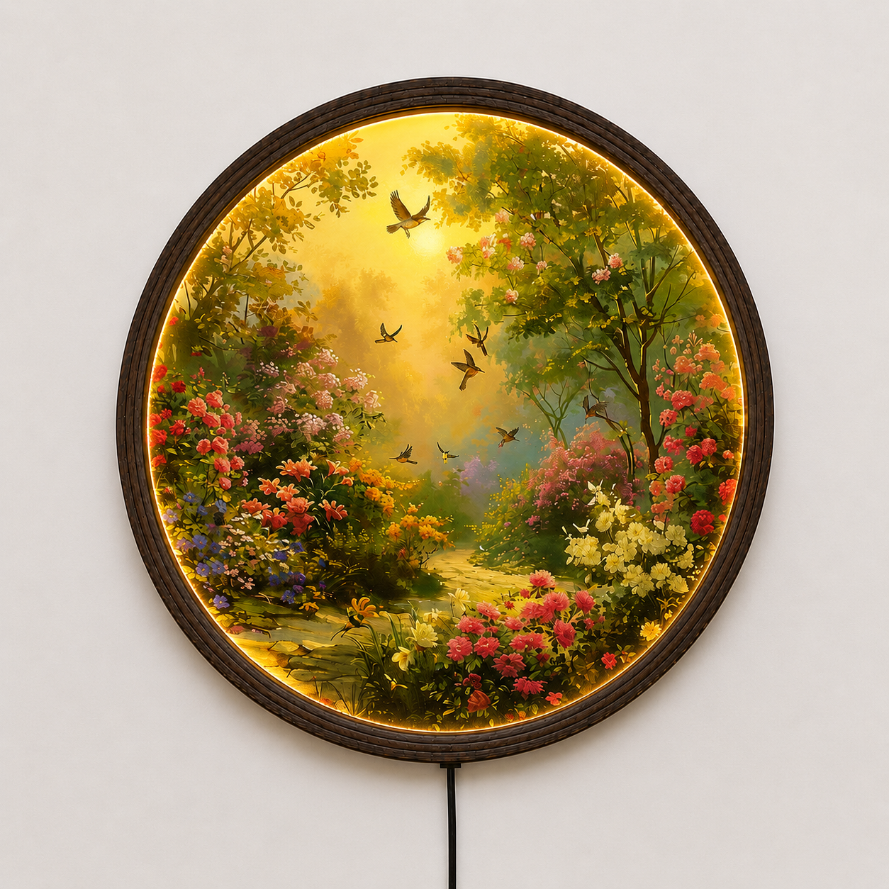 Enchanted Garden LED Wall Art – Round Lighted Nature Wall Decor for Living Room