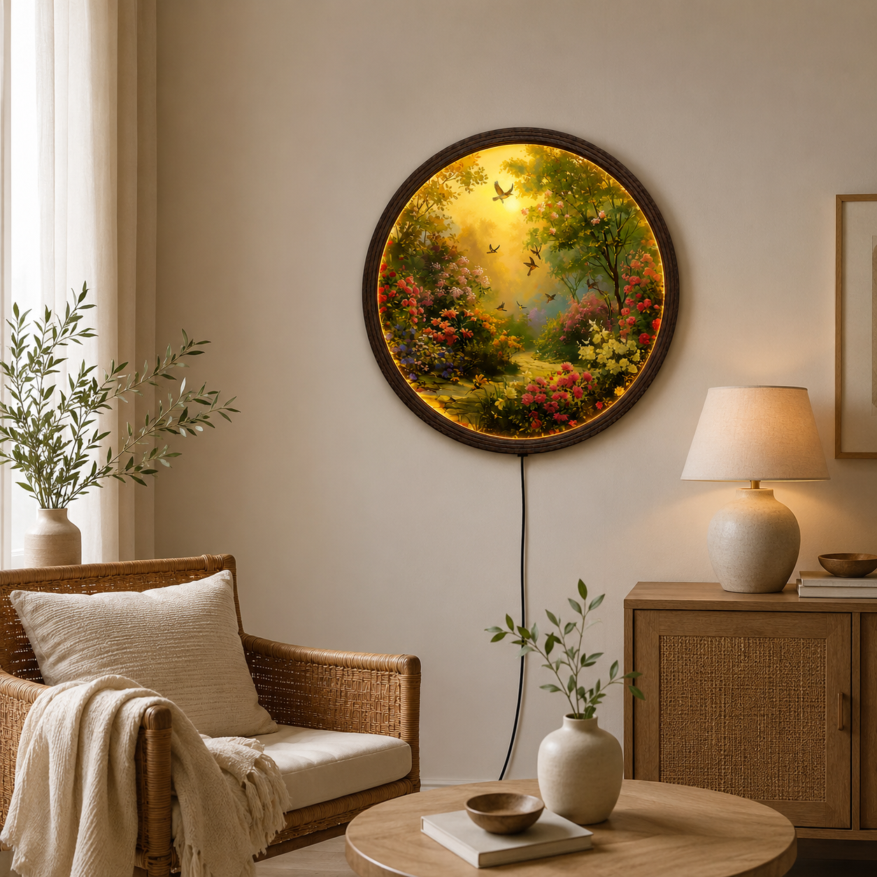 Enchanted Garden LED Wall Art – Round Lighted Nature Wall Decor for Living Room