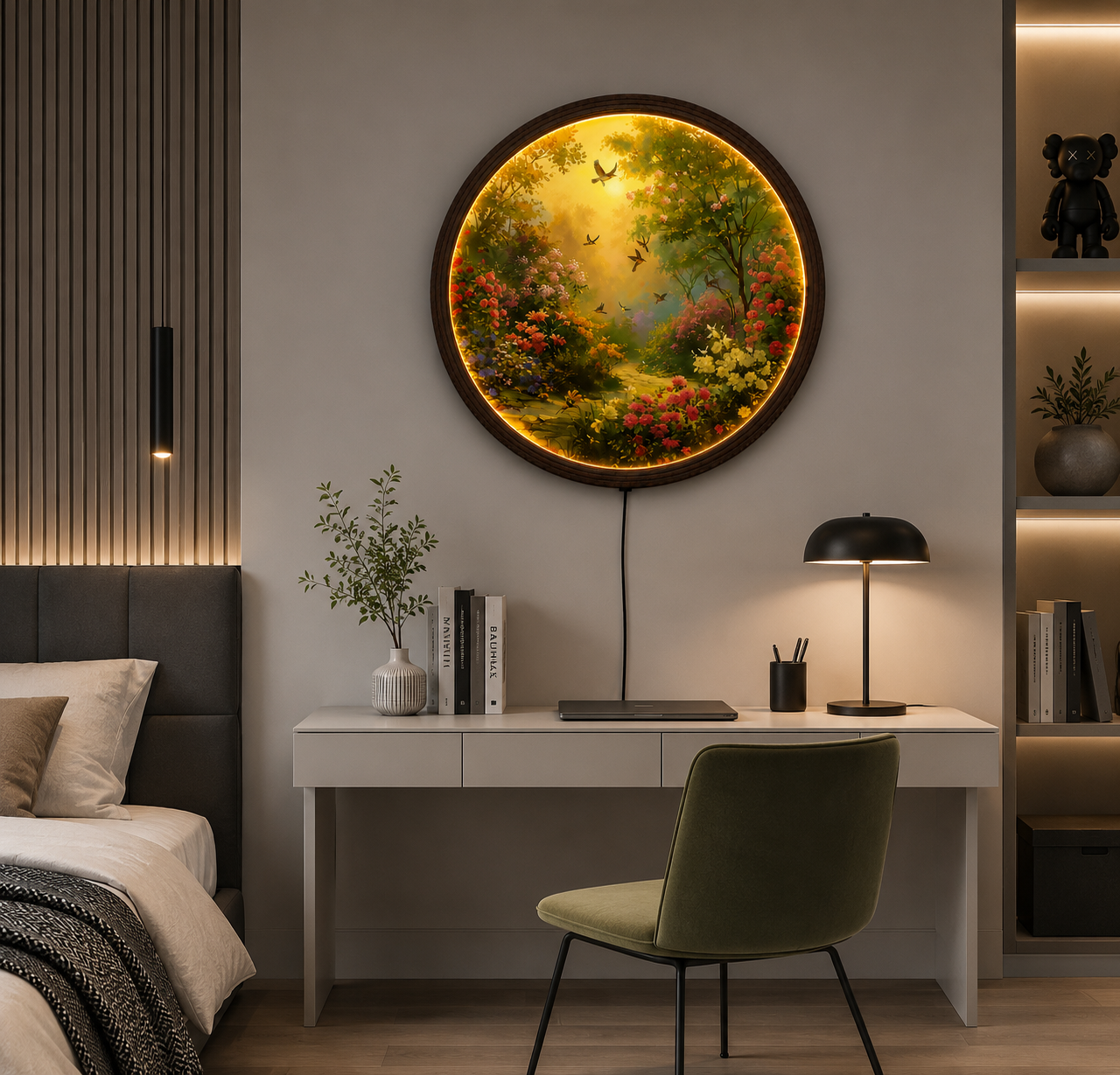 Enchanted Garden LED Wall Art – Round Lighted Nature Wall Decor for Living Room