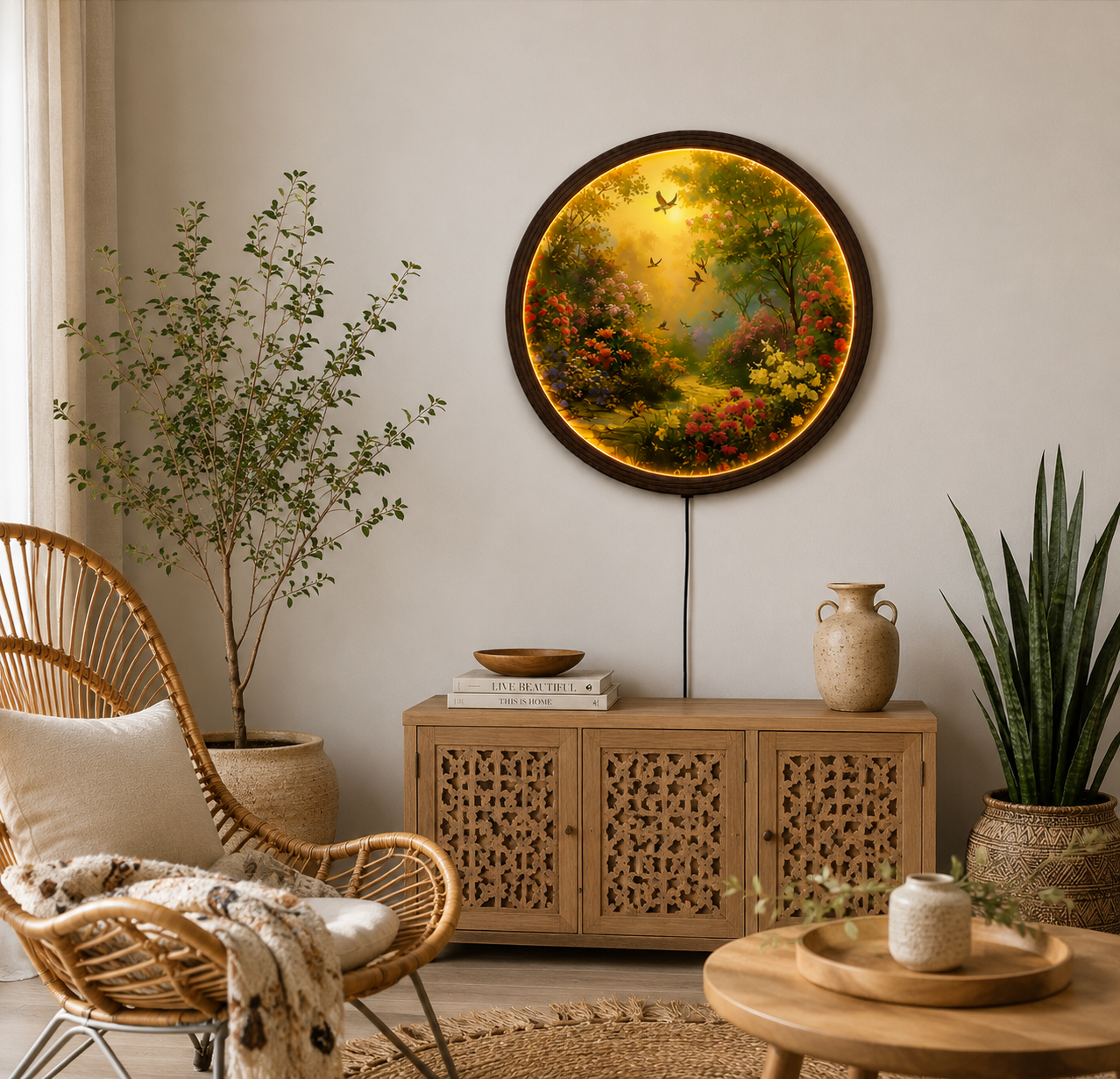 Enchanted Garden LED Wall Art – Round Lighted Nature Wall Decor for Living Room