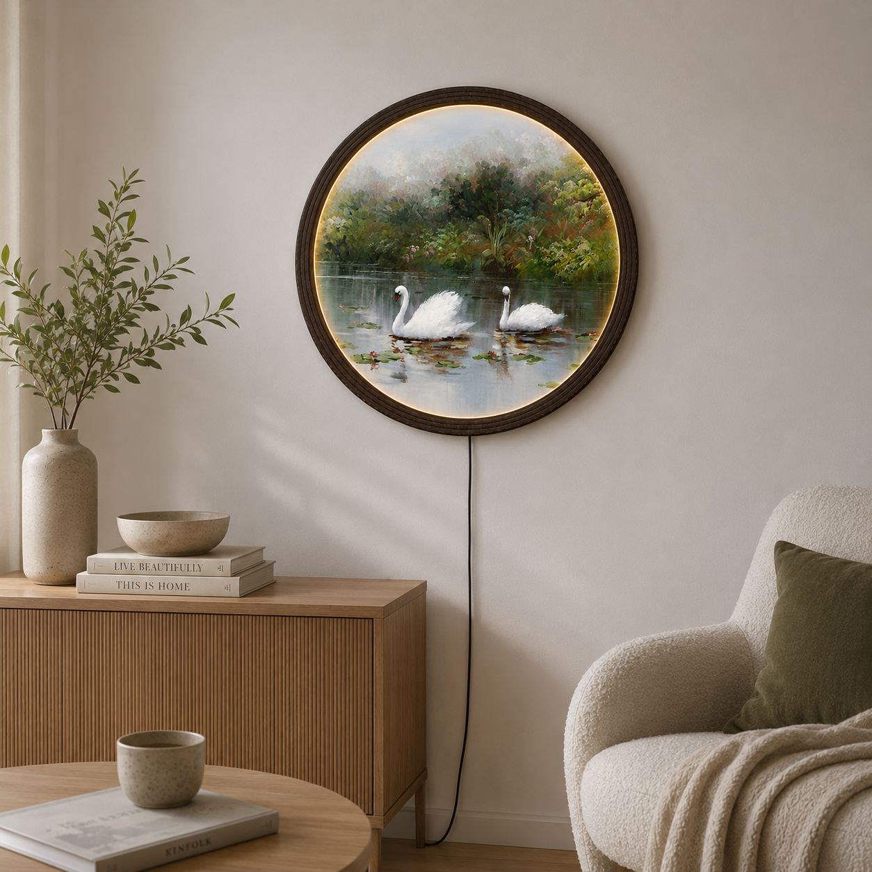 Elegant Swan Lake LED Round Wall Art – Luxury Nature Home Decor