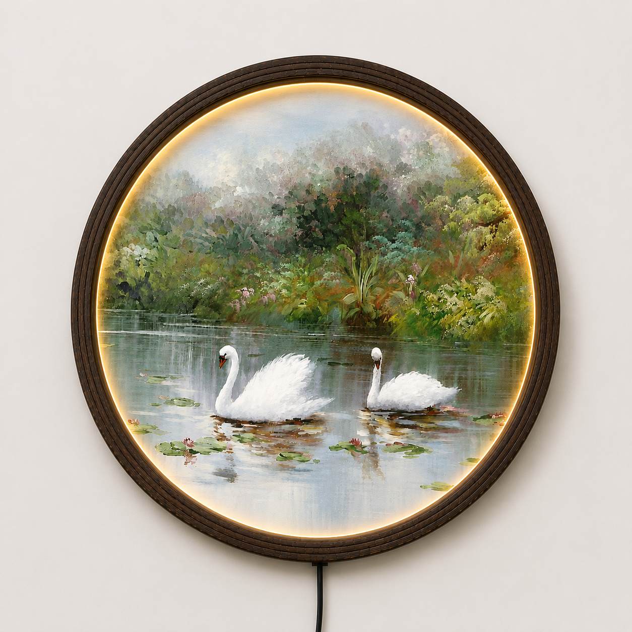 Elegant Swan Lake LED Round Wall Art – Luxury Nature Home Decor