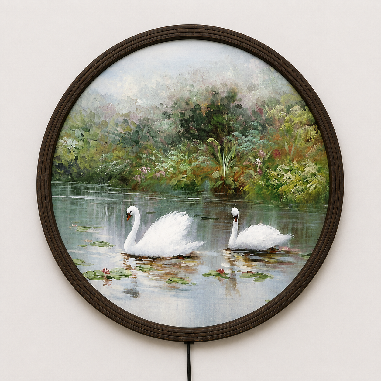 Elegant Swan Lake LED Round Wall Art – Luxury Nature Home Decor