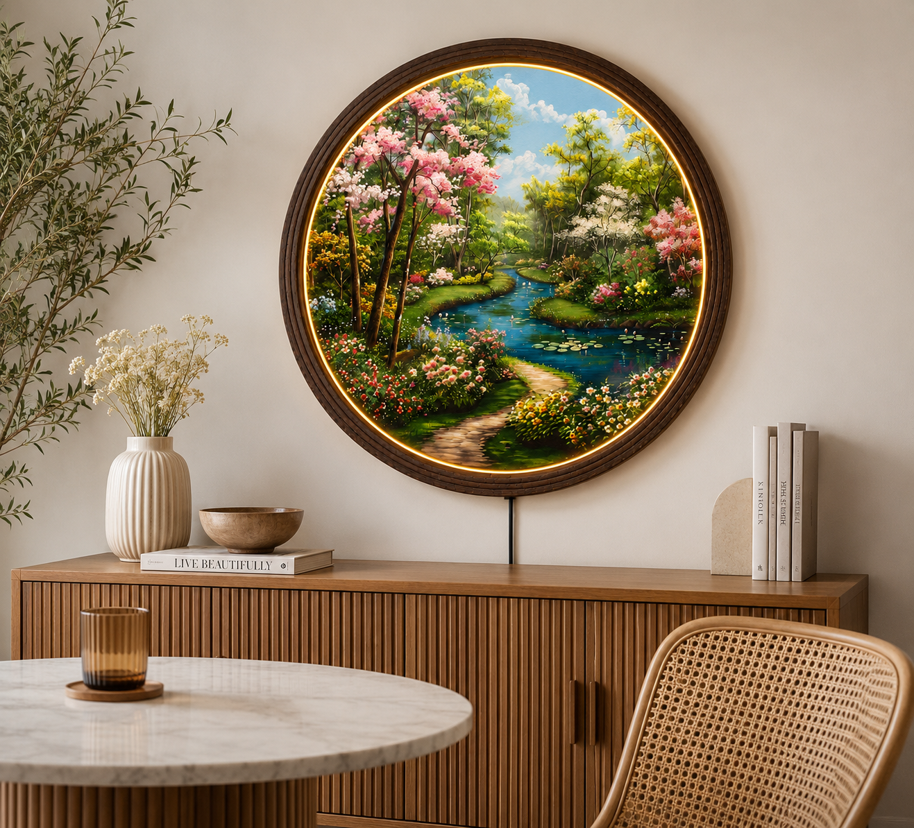 LED Illuminated Spring Garden Round Wall Art – Wooden Frame Home Decor