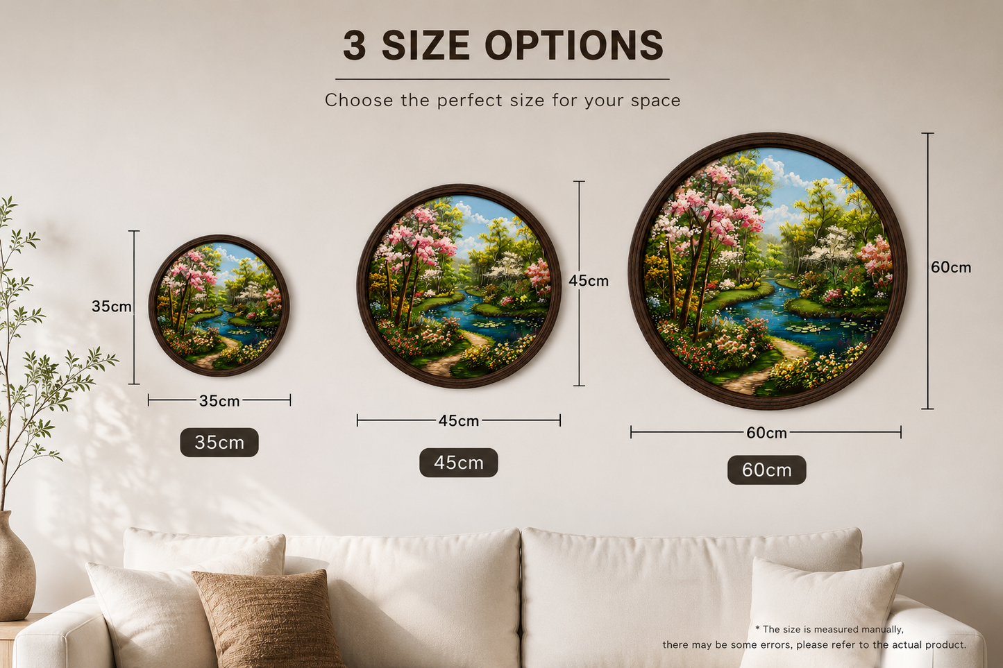 LED Illuminated Spring Garden Round Wall Art – Wooden Frame Home Decor
