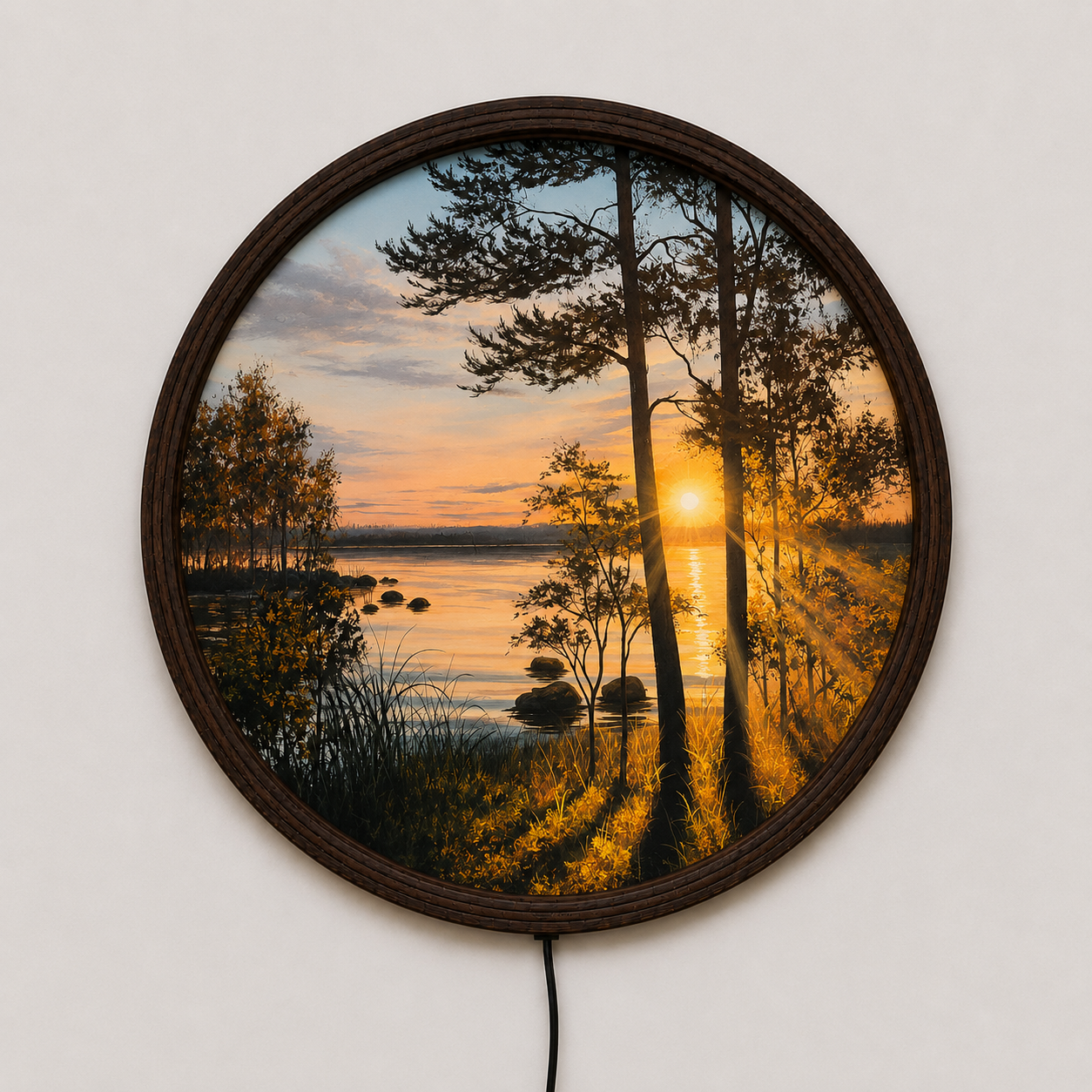 Sunset Forest LED Round Wall Art – Modern Lighted Nature Decor