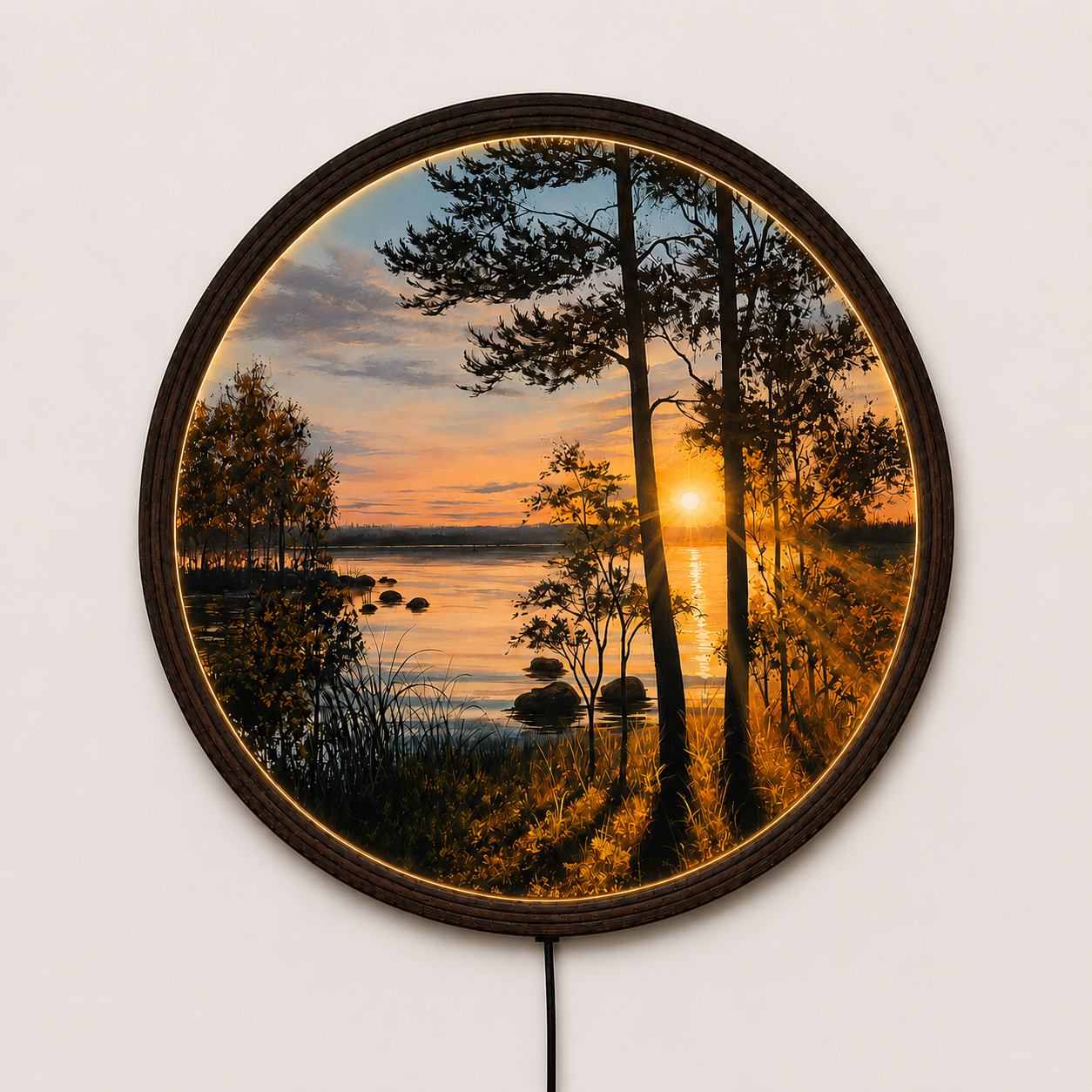 Sunset Forest LED Round Wall Art – Modern Lighted Nature Decor