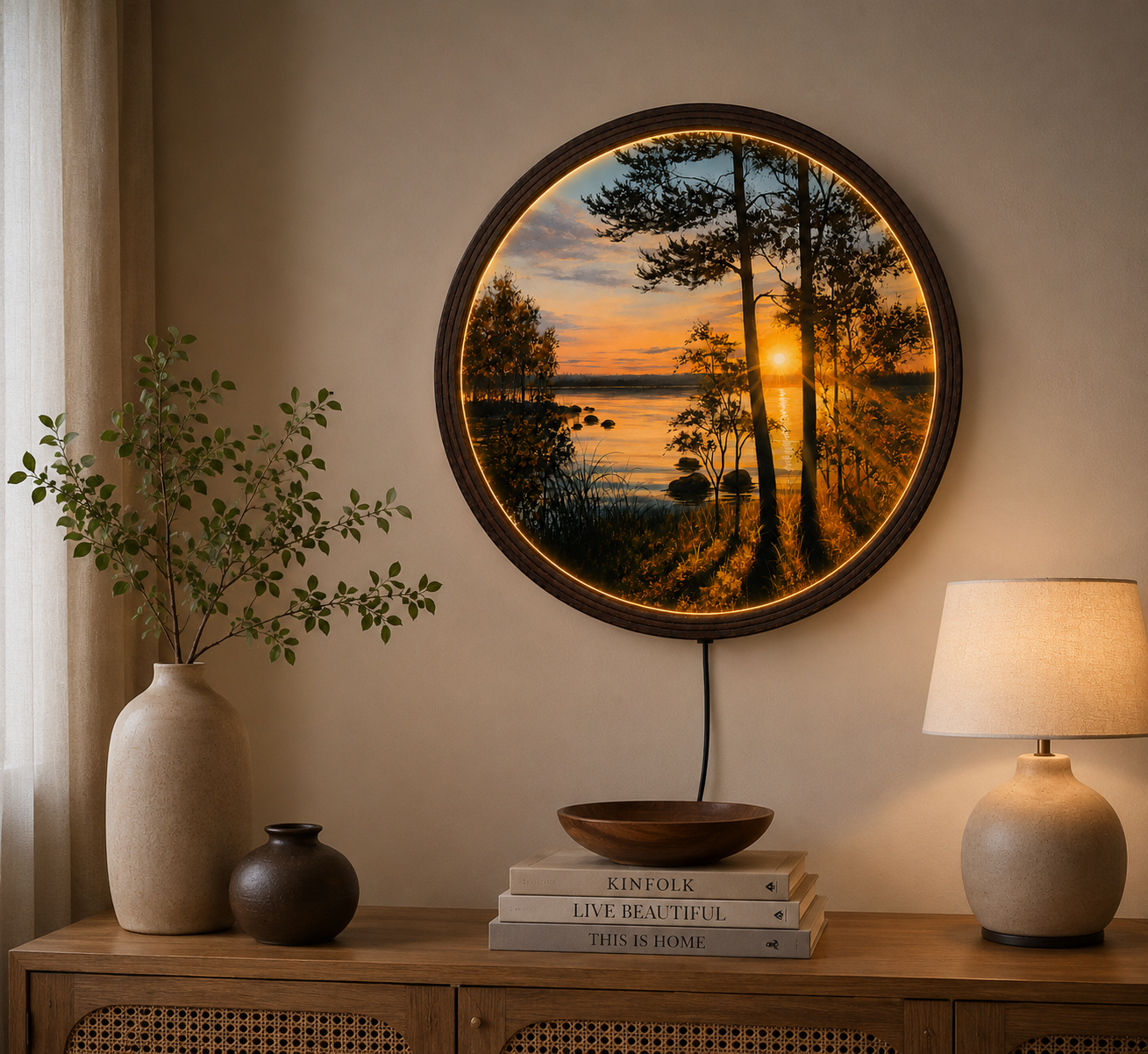 Sunset Forest LED Round Wall Art – Modern Lighted Nature Decor
