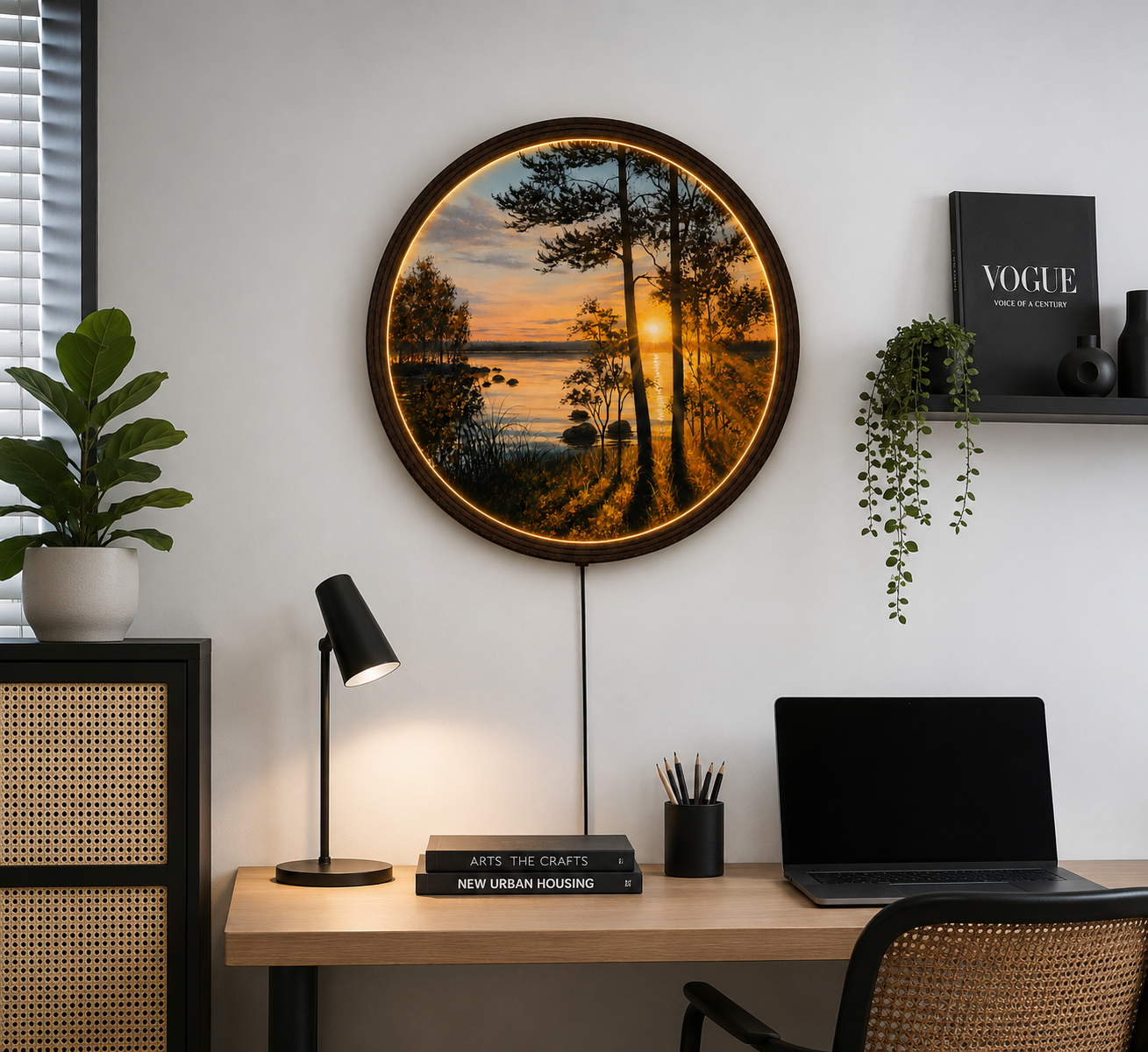 Sunset Forest LED Round Wall Art – Modern Lighted Nature Decor