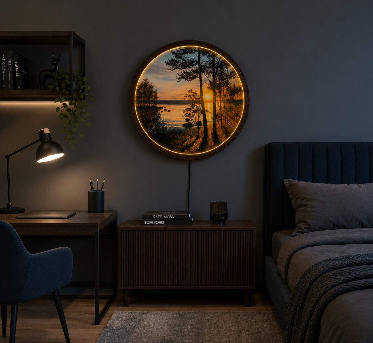 Sunset Forest LED Round Wall Art – Modern Lighted Nature Decor