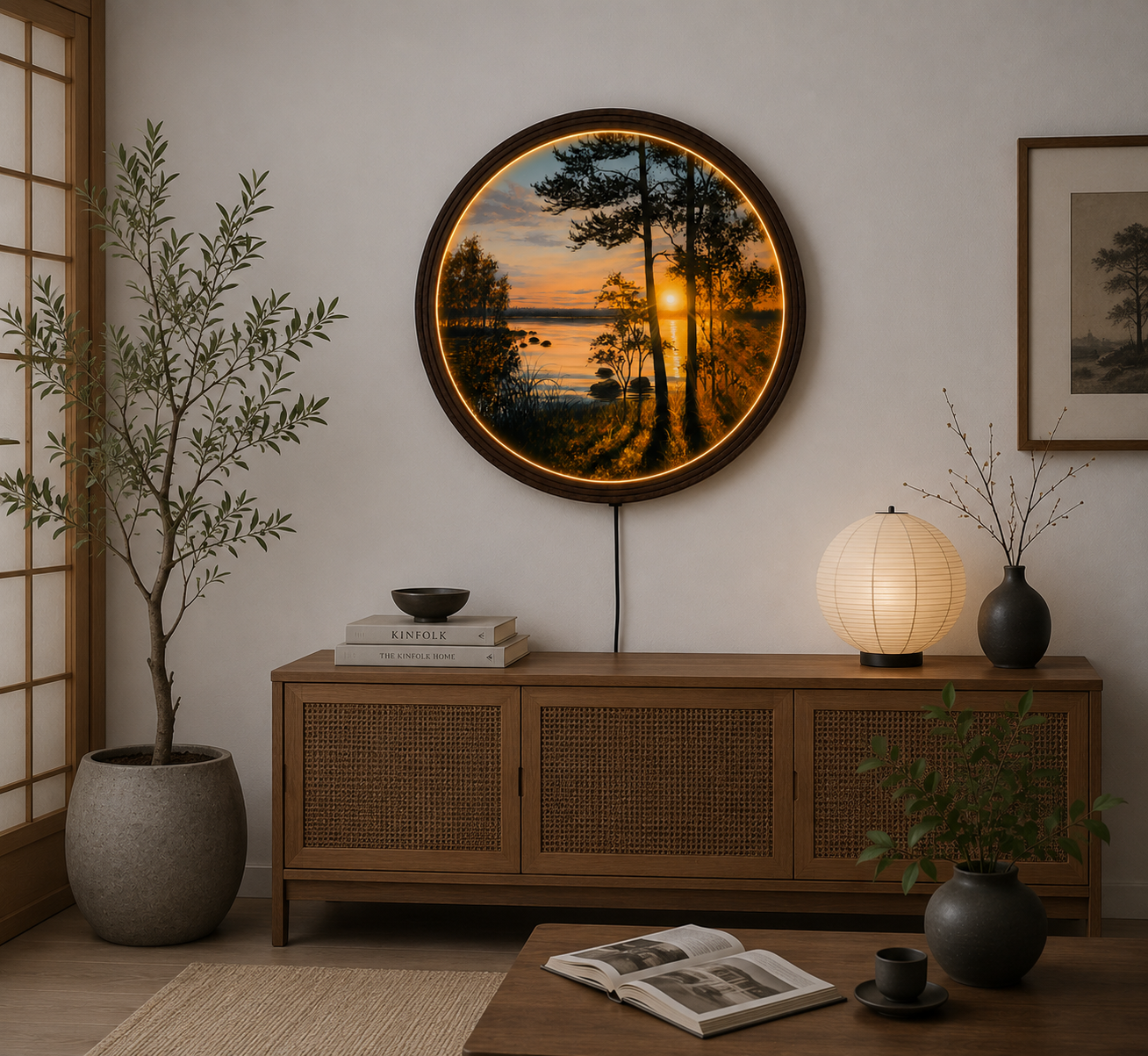 Sunset Forest LED Round Wall Art – Modern Lighted Nature Decor